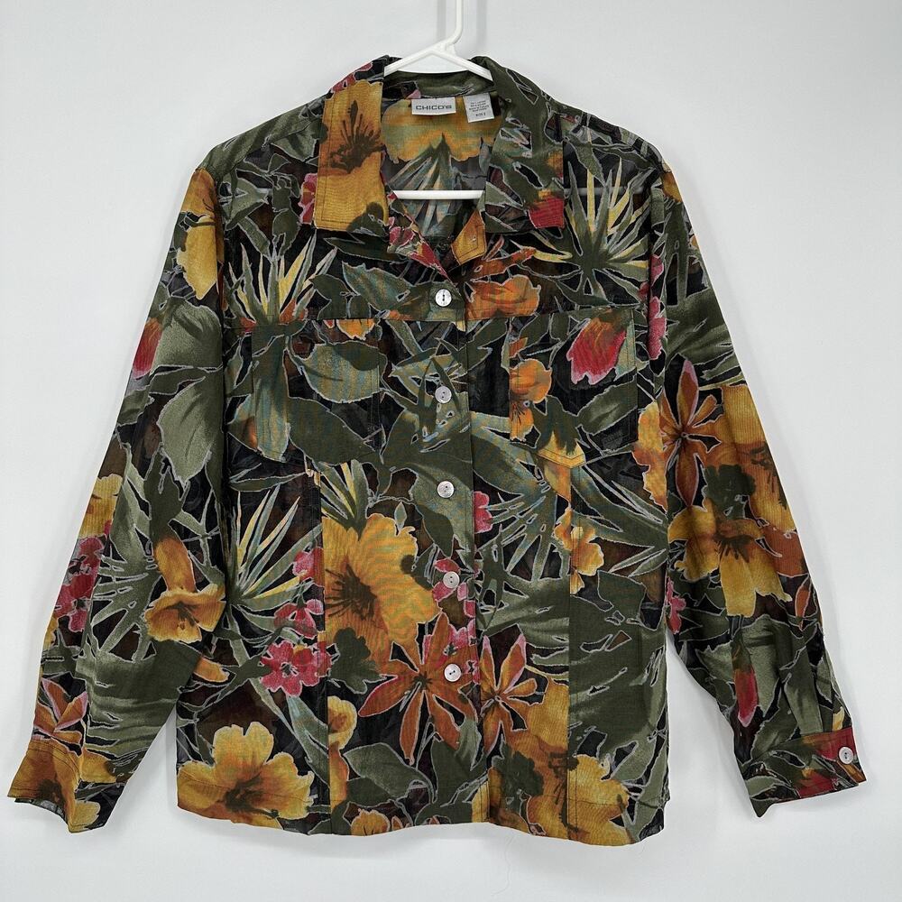 Chicos Shirt Womens 2 Large Multicolor Tropical Floral Sheer Button Top Boho